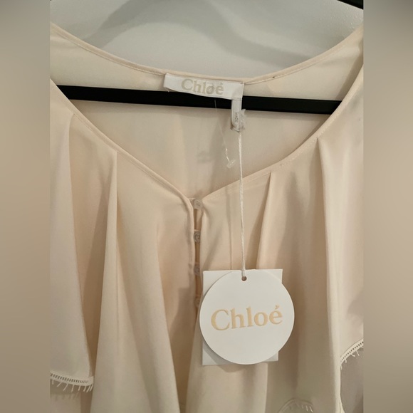 Chloé Ruffled Collar Silk Crepe de Chine Blouse Button Front V-Neck White NWT - Picture 11 of 14